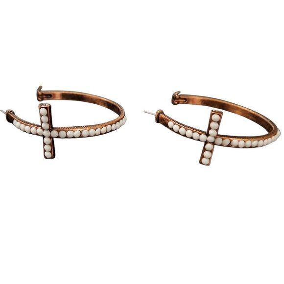 Rose Gold White Beaded Cross Hoop Earrings - Picture 1 of 5